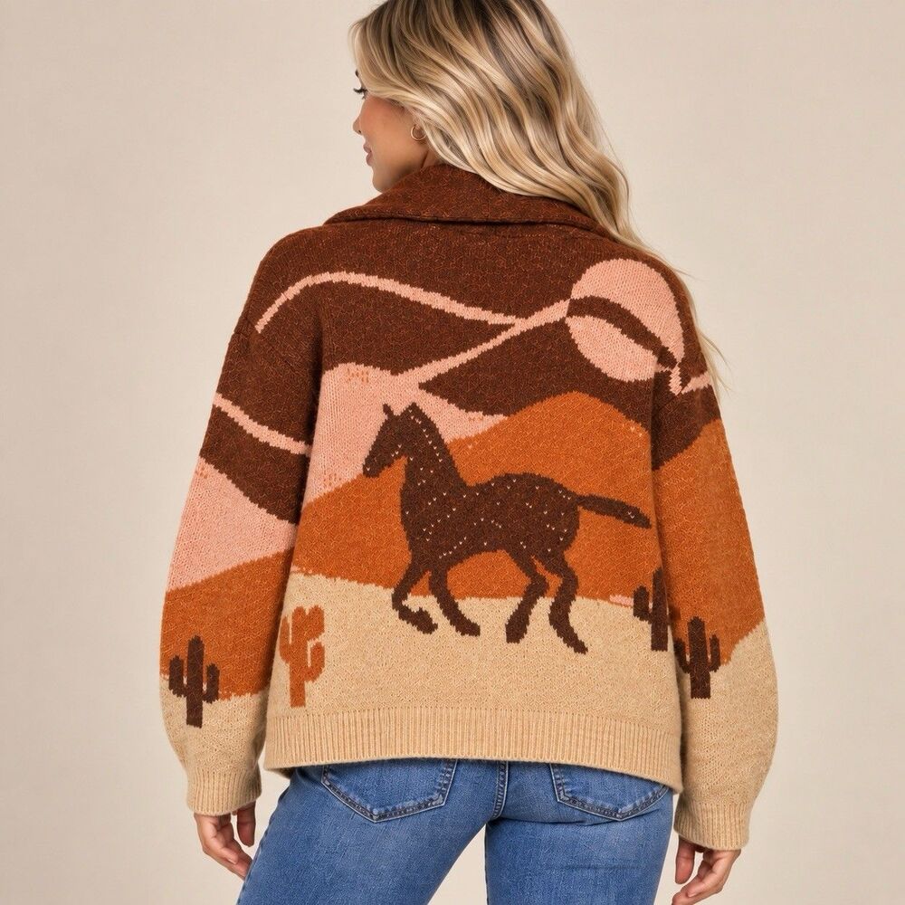 Lucky Brand Santa Fe Horse Cardigan Sweater Women M Western Equestrian Boho